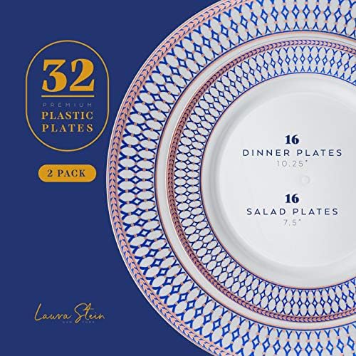 לורה שטיין מעצב כלי אוכל סט / 64 חד פעמי פלסטיק מסיבת צלחות / לבן חתונה צלחות, שפה כחולה | עלה זהב מבטאים